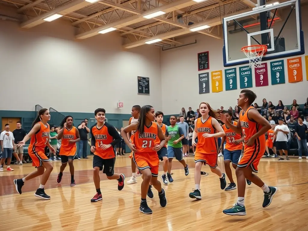 A vibrant image of students participating in a basketball game at the Lycee Jeanne D'Arc Millau, showcasing teamwork and sportsmanship.