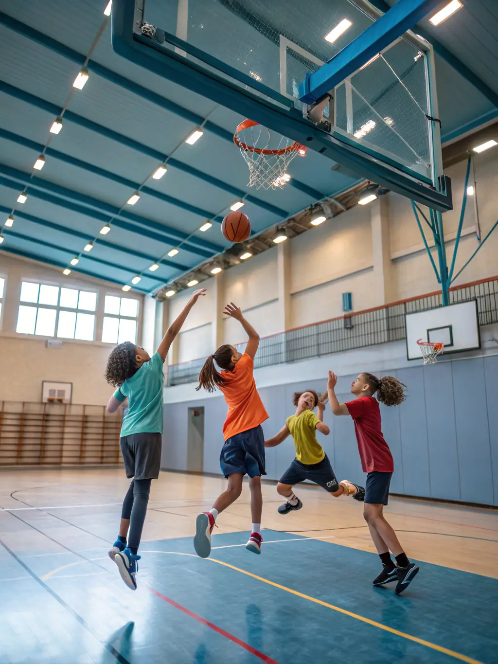 A vibrant image of students playing basketball in the school gymnasium, emphasizing the energy and teamwork involved in the sport.