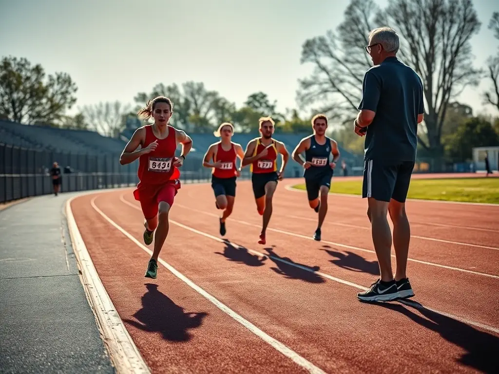 Students participating in a track and field event, running on a track with determination and focus.