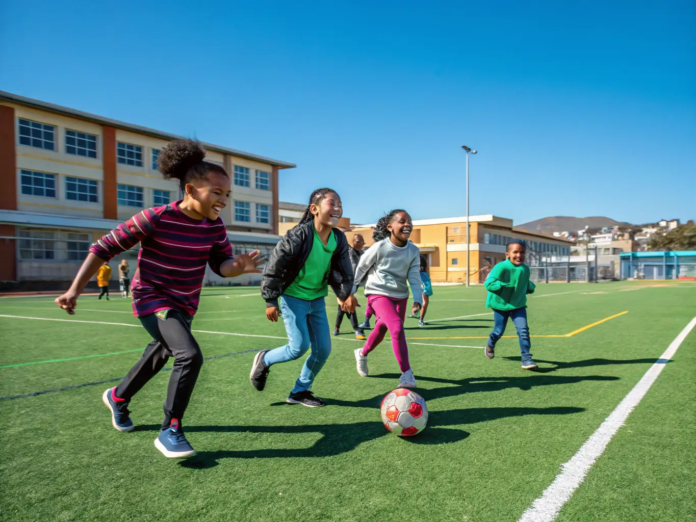 A group of students playing soccer on a green field, demonstrating teamwork and sportsmanship.