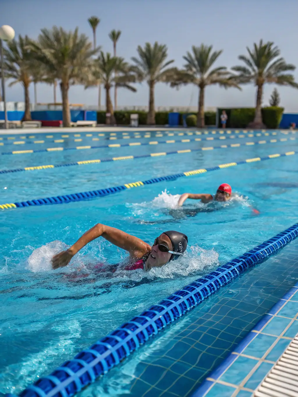 A photo of students participating in a swimming class, demonstrating the importance of water safety, fitness, and technique.