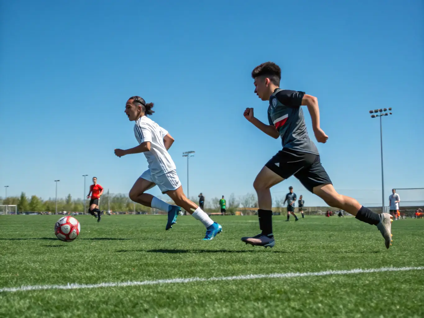 An action shot of students engaged in a soccer match, demonstrating agility and competitive spirit.