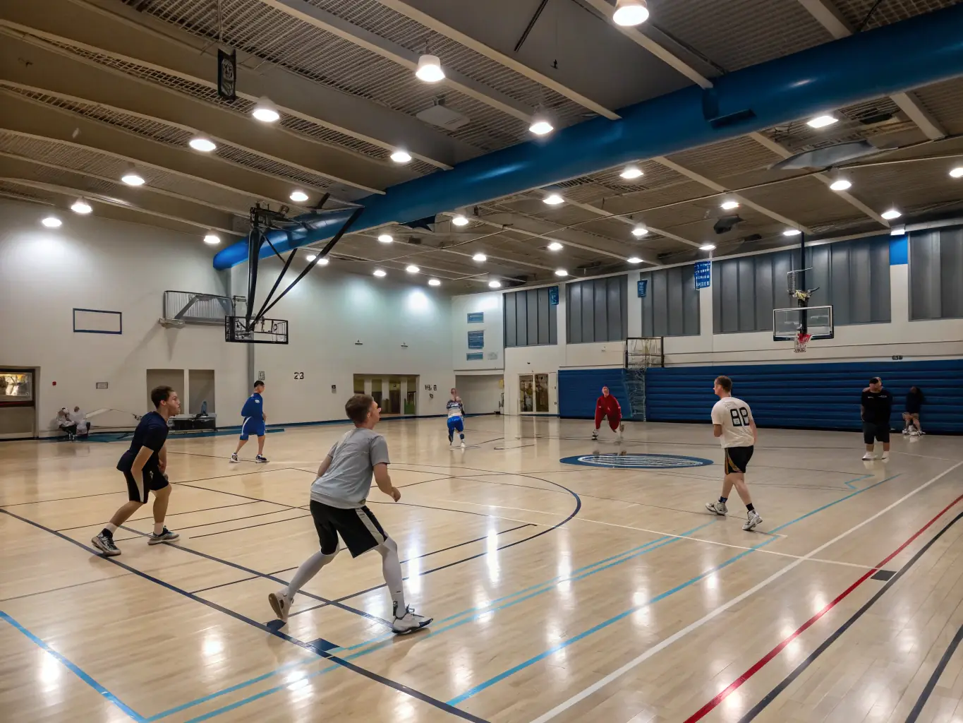 A group of students playing basketball in a gymnasium, showcasing teamwork and athletic activity.